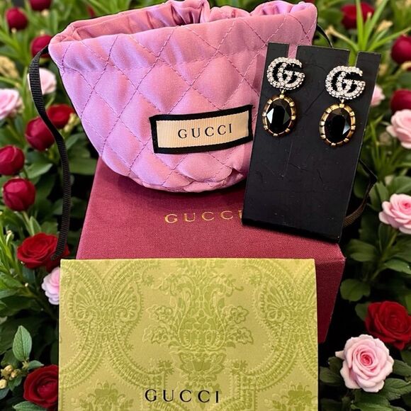 GUCCI 
Crystal Double G Earrings Black Aged Gold - Picture 1 of 7